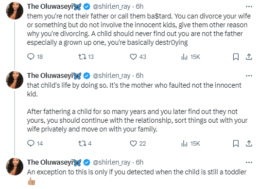 “If you ever find out your kids aren’t yours, keep such information away from those kids and continue your fatherly duty”- Nigerian lady tells men