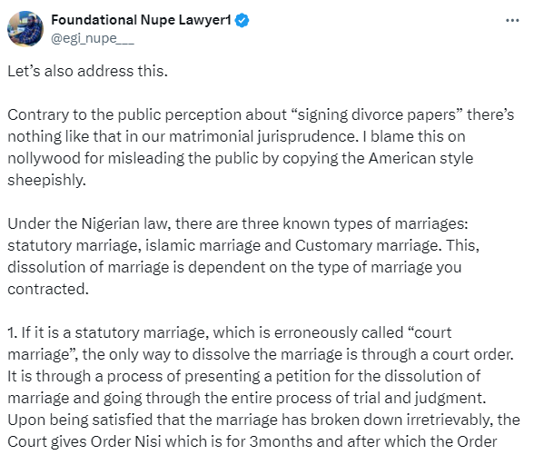 Contrary to the public perception, there is nothing like signing divorce papers in our matrimonial jurisprudence- Nigerian lawyer says