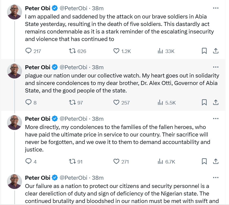 The continued brutality and bloodshed in our nation must be met with decisive action, not empty words – Peter Obi reacts to killing of soldiers by gunmen in Aba